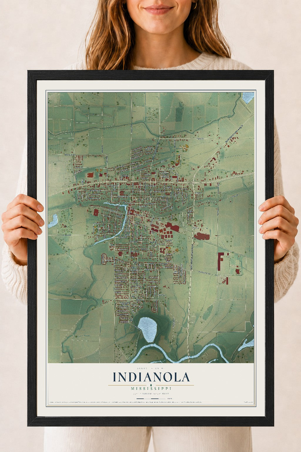 Map of Indianola, Mississippi, 18 x 24 inch print in a black wood frame