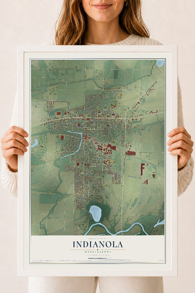 Map of Indianola, Mississippi, 18 x 24 inch print in a white wood frame