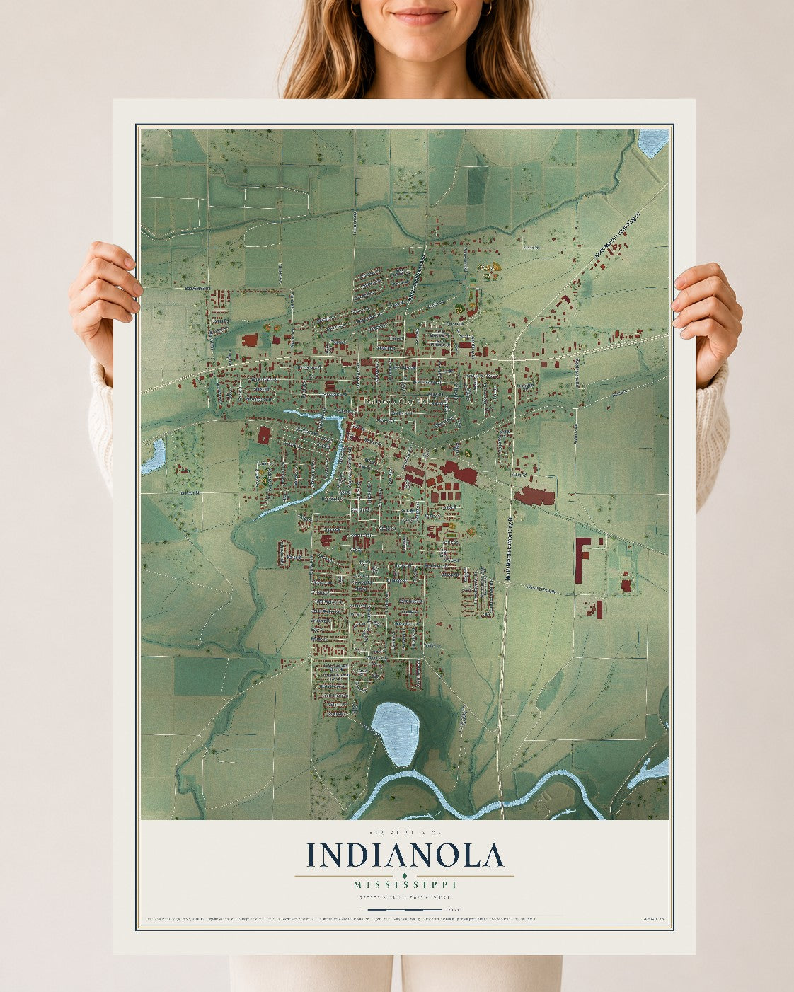 Map of Indianola, Mississippi, 24 x 36 inch unframed archival matte print