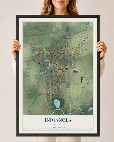 Map of Indianola, Mississippi, 24 x 36 inch print in a black wood frame