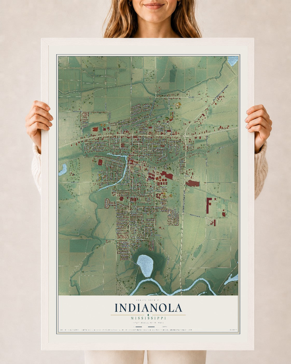 Map of Indianola, Mississippi, 24 x 36 inch print in a white wood frame