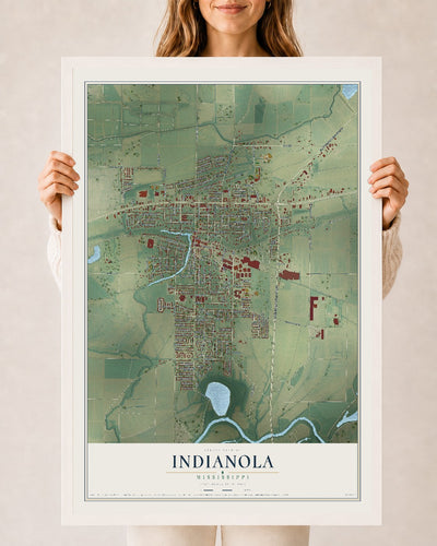 Map of Indianola, Mississippi, 24 x 36 inch print in a white wood frame