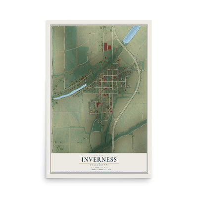 Map of Inverness, Mississippi, 12 x 18 inch unframed archival matte print