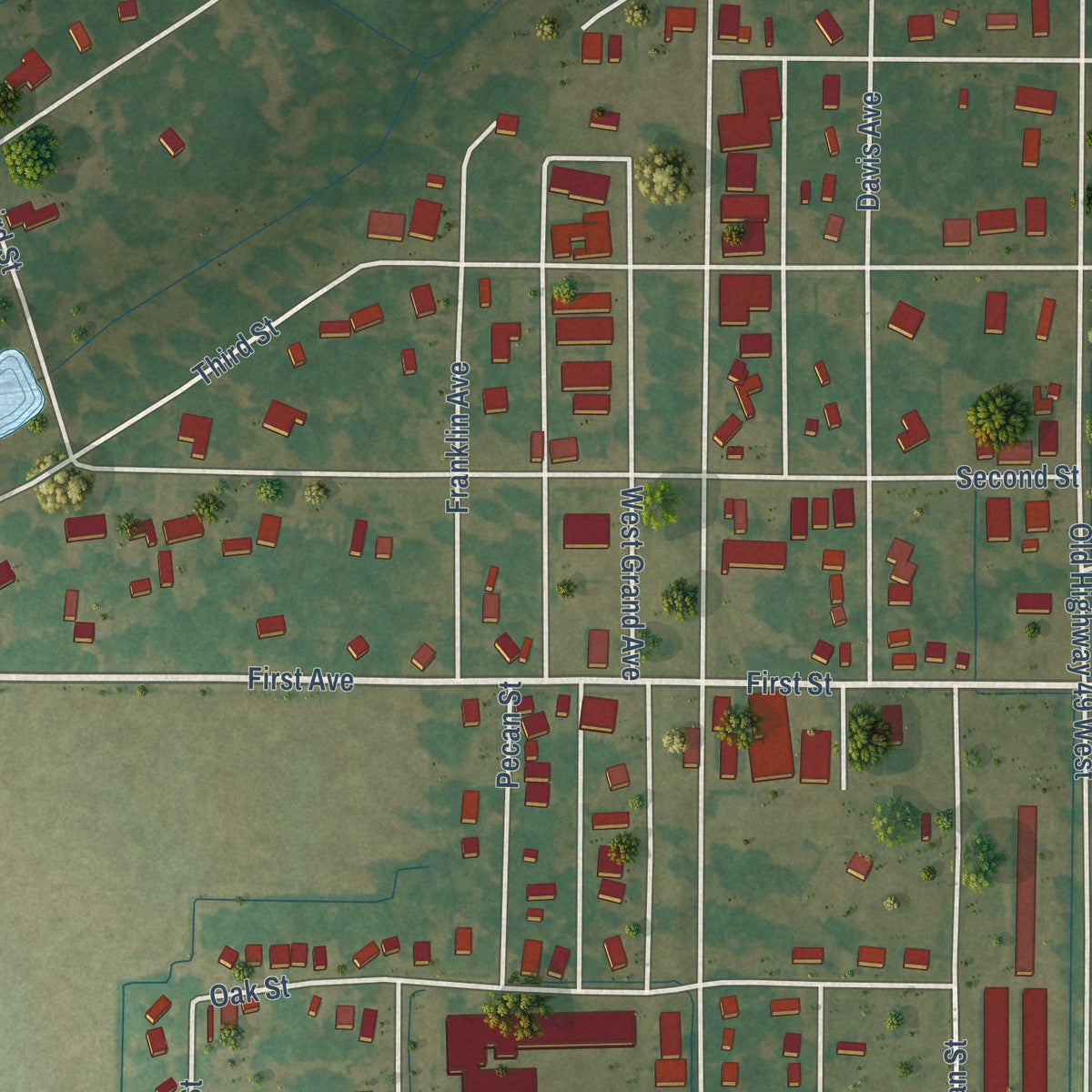Close-up of the map of Inverness, Mississippi print showing street and building detail