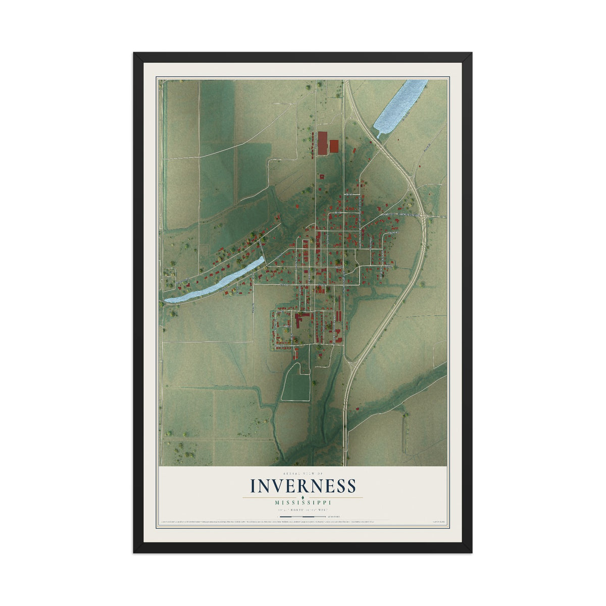 Map of Inverness, Mississippi, 12 x 18 inch print in a black wood frame