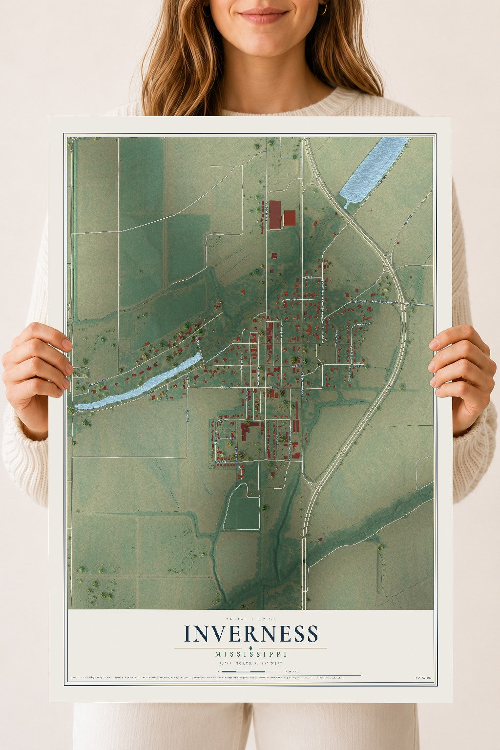 Map of Inverness, Mississippi, 18 x 24 inch unframed archival matte print