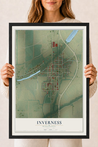 Map of Inverness, Mississippi, 18 x 24 inch print in a black wood frame
