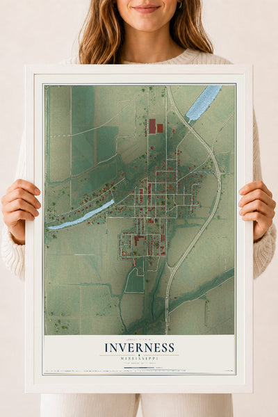 Map of Inverness, Mississippi, 18 x 24 inch print in a white wood frame