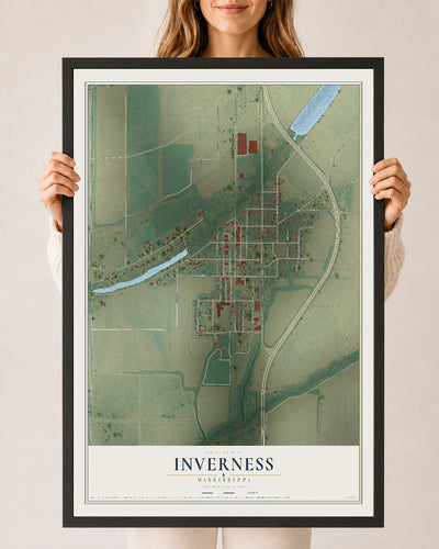 Map of Inverness, Mississippi, 24 x 36 inch print in a black wood frame