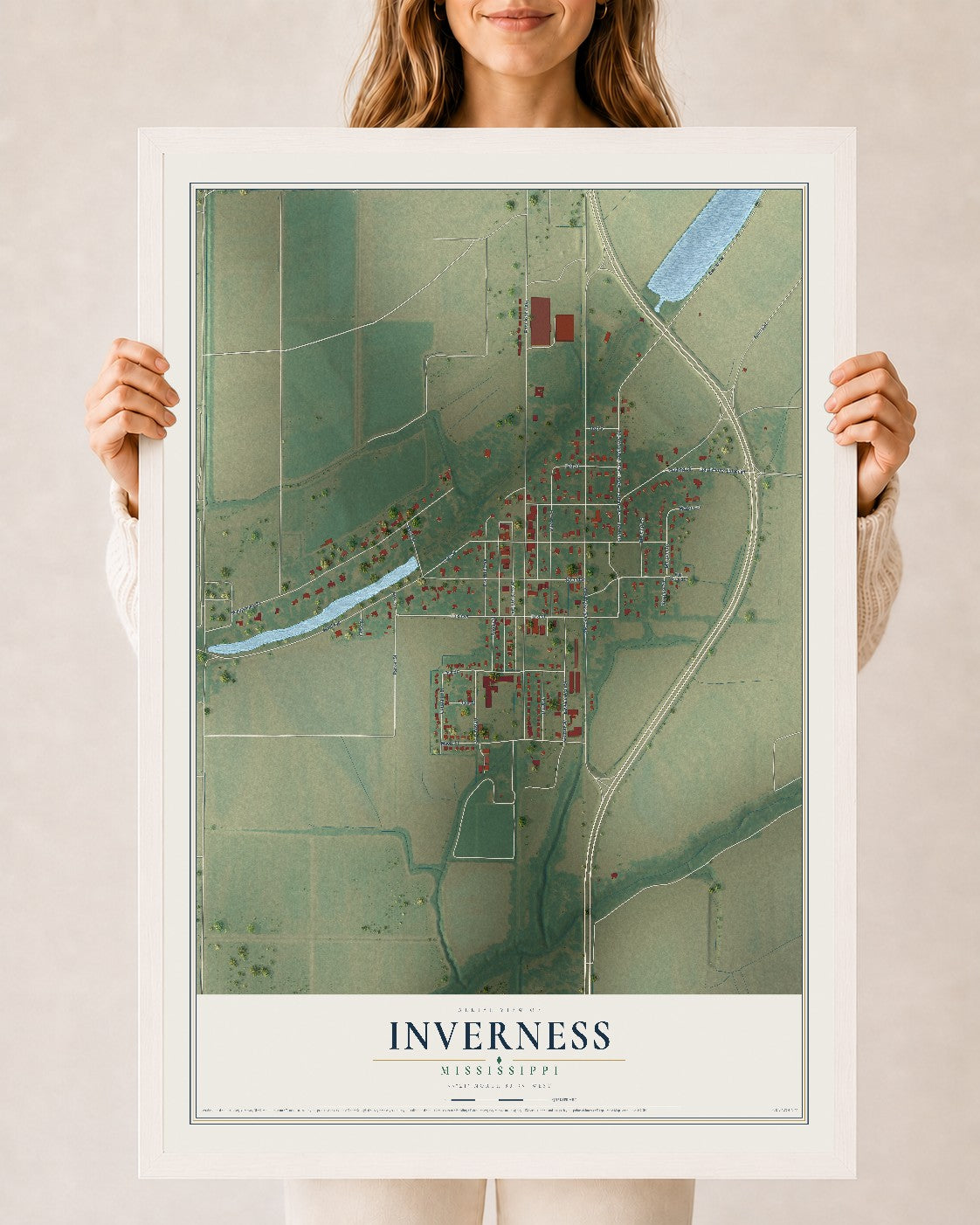 Map of Inverness, Mississippi, 24 x 36 inch print in a white wood frame
