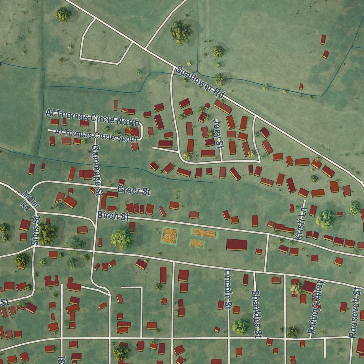 Second close-up of the map of Itta Bena, Mississippi print showing more streets and buildings
