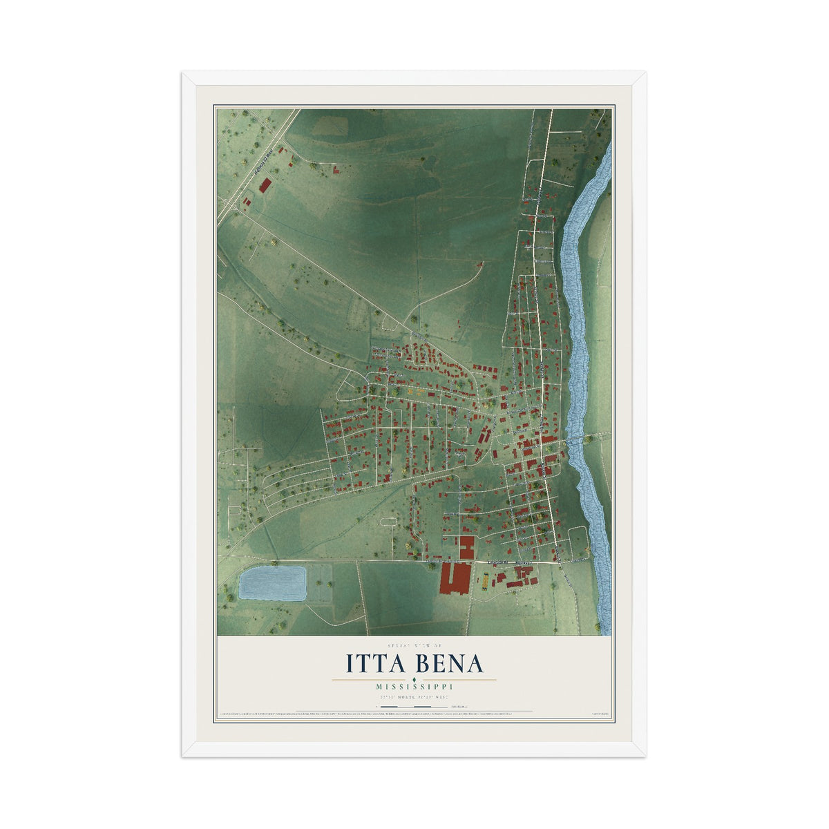 Map of Itta Bena, Mississippi, 12 x 18 inch print in a white wood frame