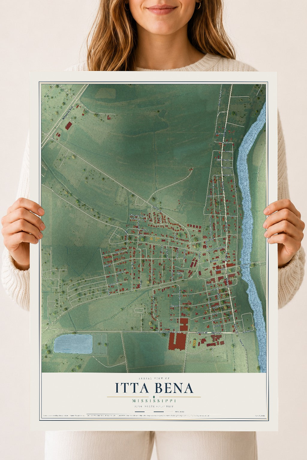Map of Itta Bena, Mississippi, 18 x 24 inch unframed archival matte print