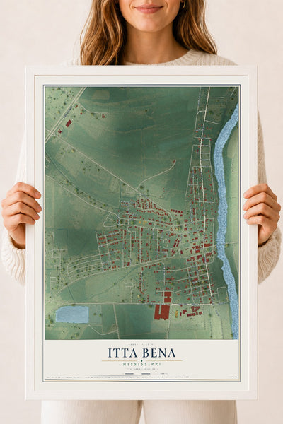 Map of Itta Bena, Mississippi, 18 x 24 inch print in a white wood frame