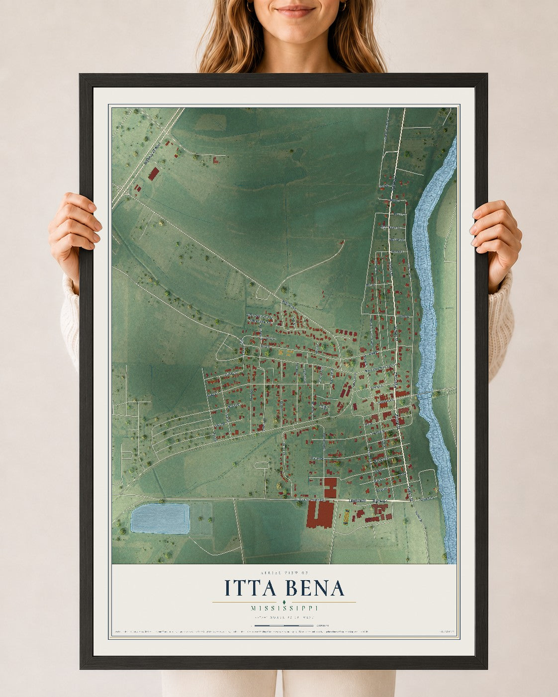Map of Itta Bena, Mississippi, 24 x 36 inch print in a black wood frame