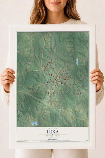 Map of Iuka, Mississippi, 18 x 24 inch print in a white wood frame