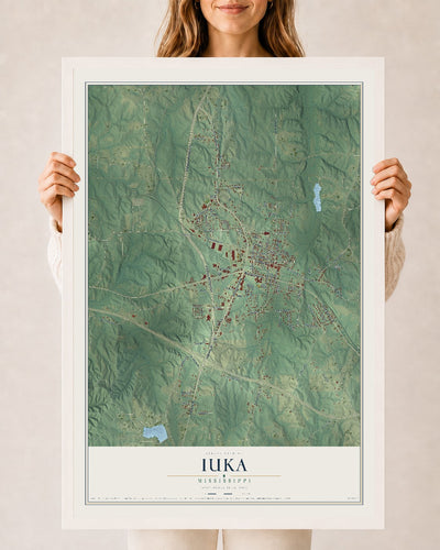 Map of Iuka, Mississippi, 24 x 36 inch print in a white wood frame