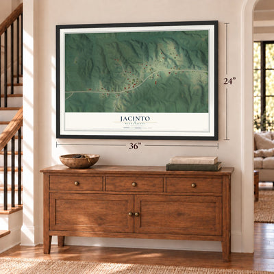 Jacinto, Mississippi map, 24 x 36 inch print in a black frame above a dresser by a staircase