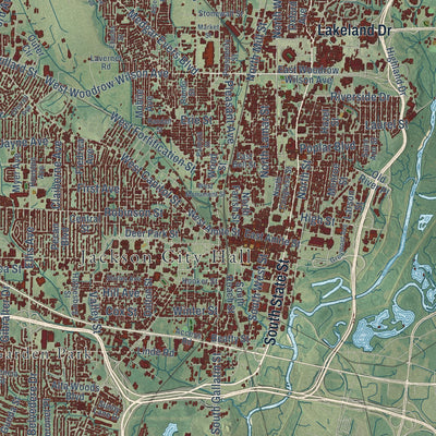 Close-up of the map of Jackson, Mississippi print showing street and building detail