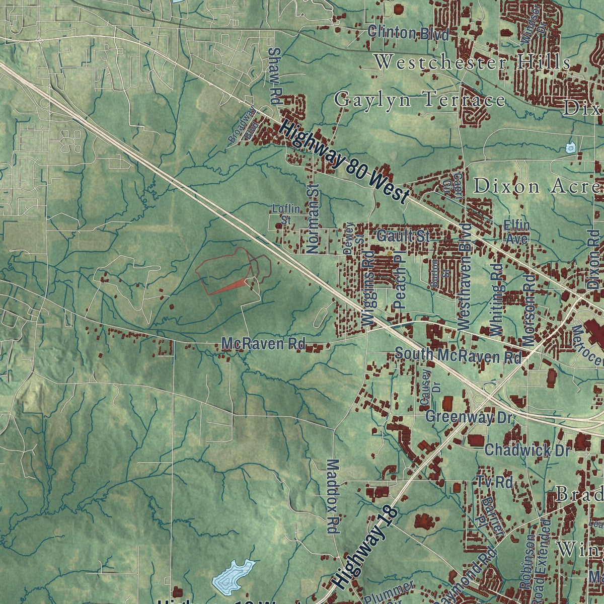 Second close-up of the map of Jackson, Mississippi print showing more streets and buildings