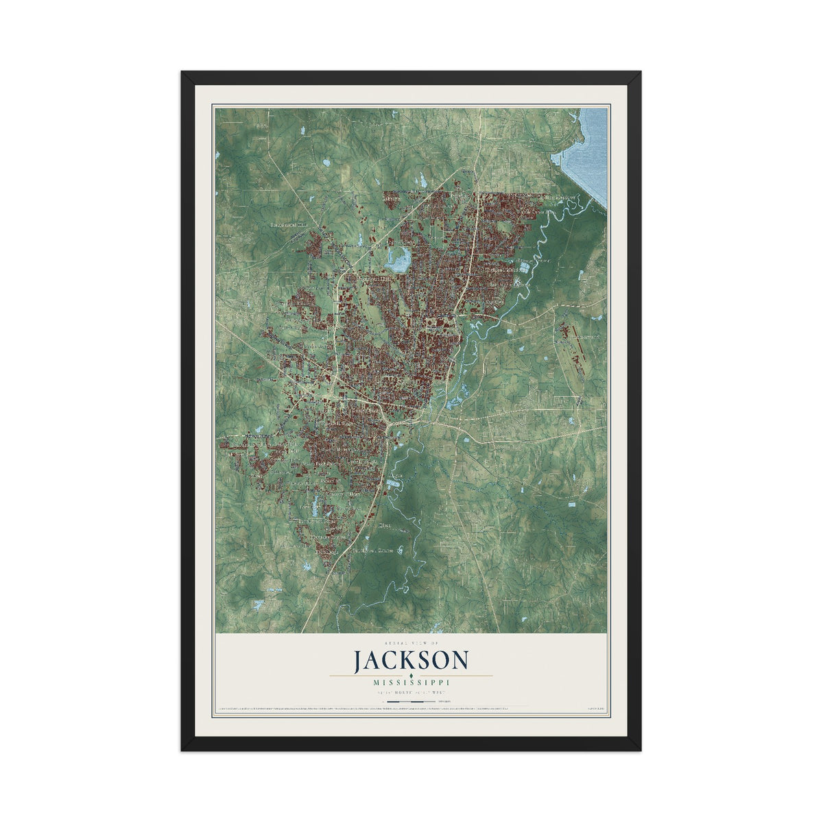 Map of Jackson, Mississippi, 12 x 18 inch print in a black wood frame