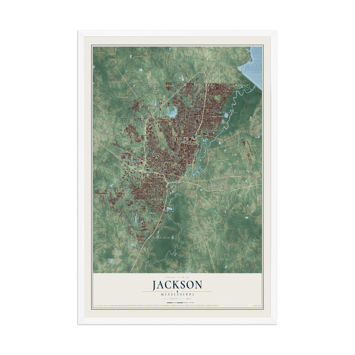 Map of Jackson, Mississippi, 12 x 18 inch print in a white wood frame