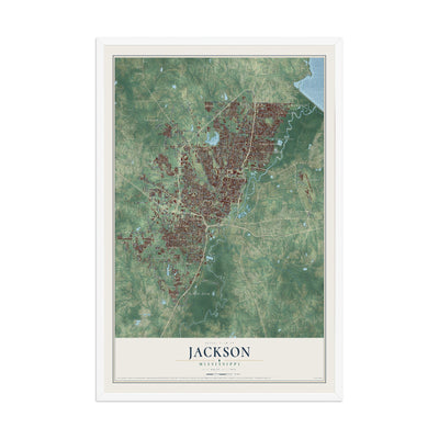 Map of Jackson, Mississippi, 12 x 18 inch print in a white wood frame