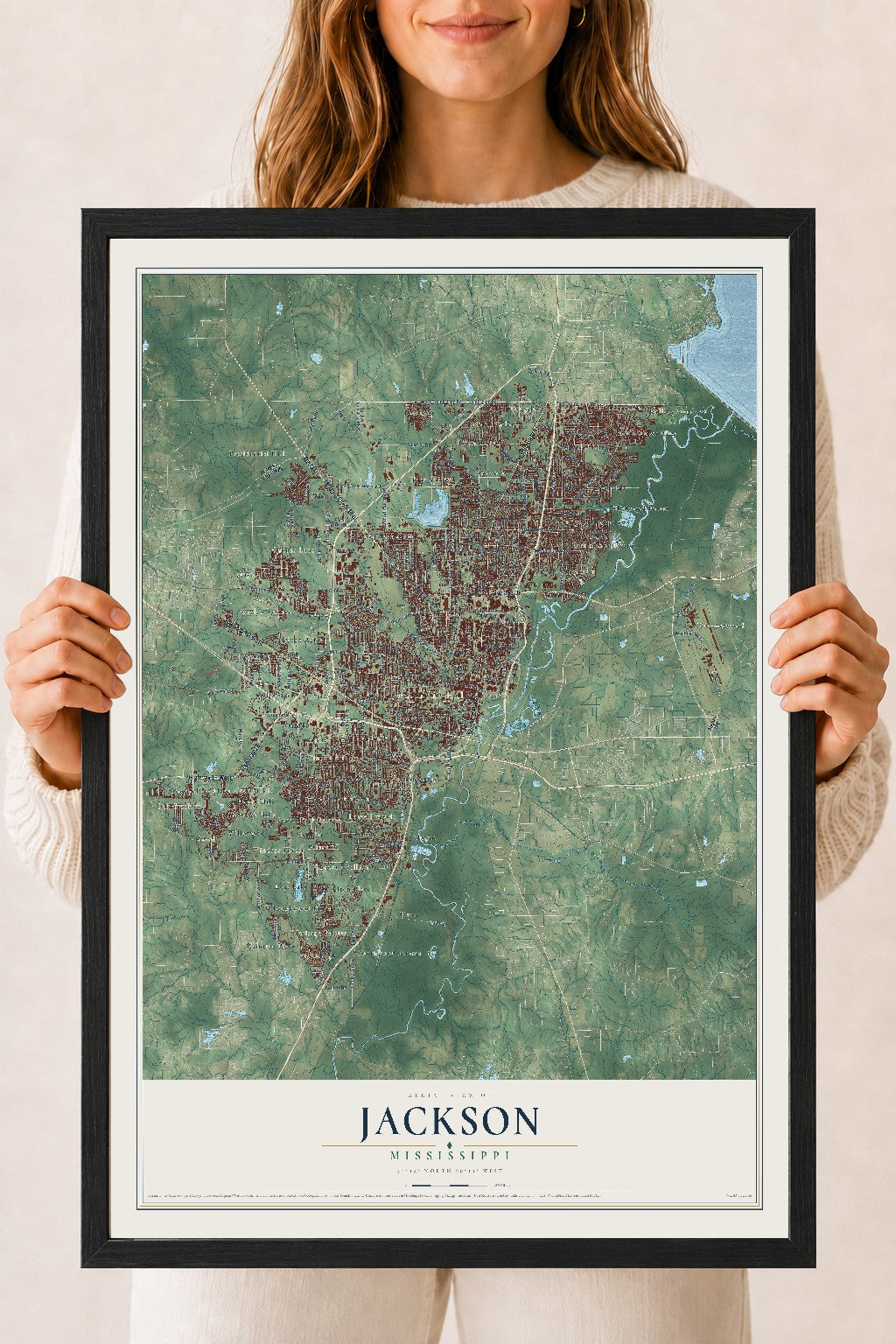 Map of Jackson, Mississippi, 18 x 24 inch print in a black wood frame