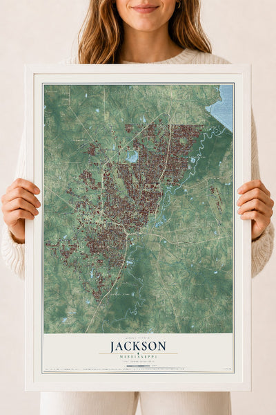 Map of Jackson, Mississippi, 18 x 24 inch print in a white wood frame