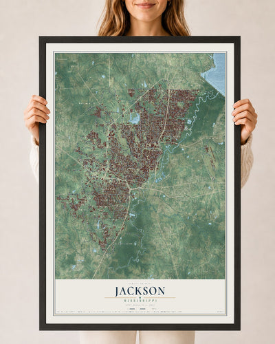 Map of Jackson, Mississippi, 24 x 36 inch print in a black wood frame