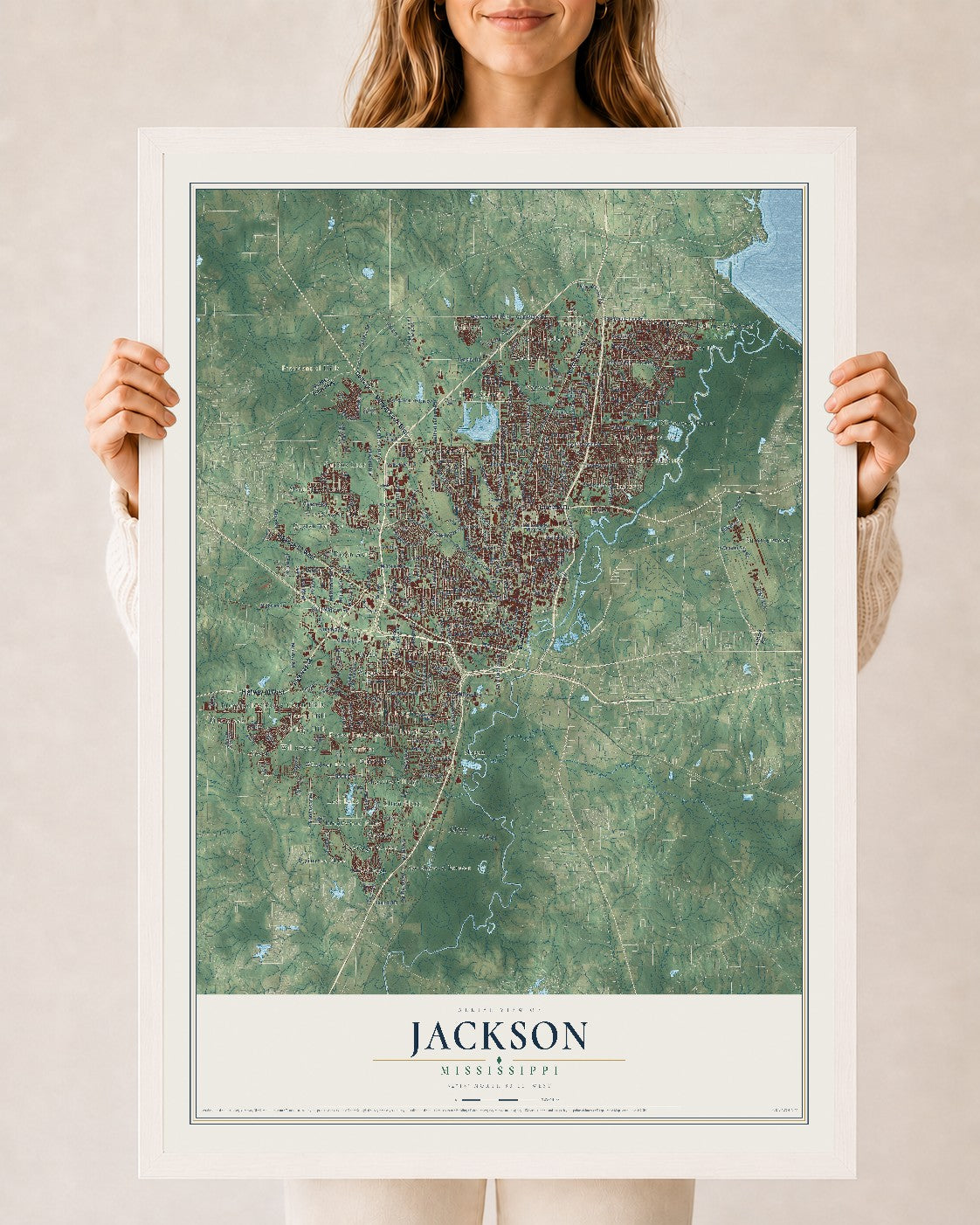 Map of Jackson, Mississippi, 24 x 36 inch print in a white wood frame
