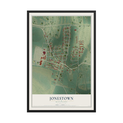 Map of Jonestown, Mississippi, 12 x 18 inch print in a black wood frame