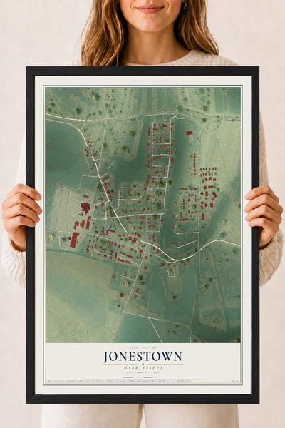 Map of Jonestown, Mississippi, 18 x 24 inch print in a black wood frame