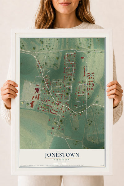 Map of Jonestown, Mississippi, 18 x 24 inch print in a white wood frame