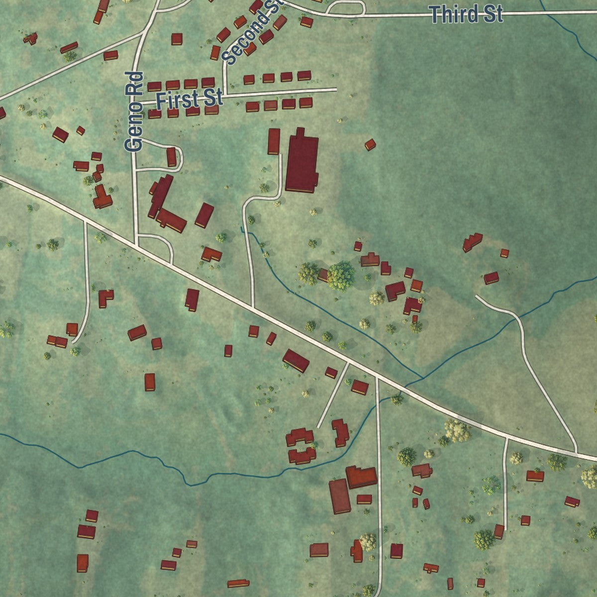 Close-up of the map of Jumpertown, Mississippi print showing street and building detail