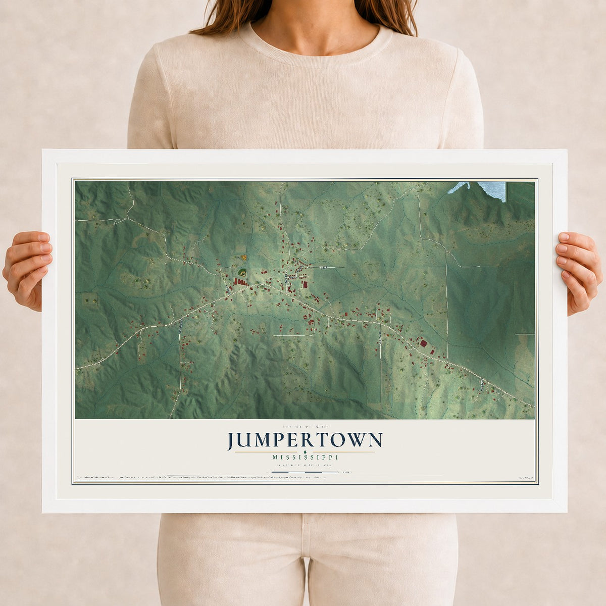 Map of Jumpertown, Mississippi, 12 x 18 inch print in a white wood frame