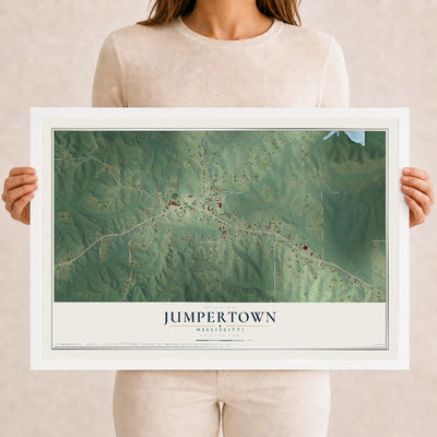 Map of Jumpertown, Mississippi, 12 x 18 inch print in a white wood frame