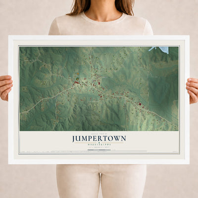 Map of Jumpertown, Mississippi, 18 x 24 inch print in a white wood frame