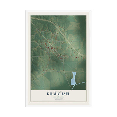 Map of Kilmichael, Mississippi, 12 x 18 inch print in a white wood frame