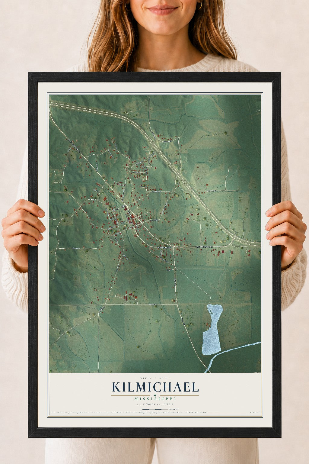 Map of Kilmichael, Mississippi, 18 x 24 inch print in a black wood frame
