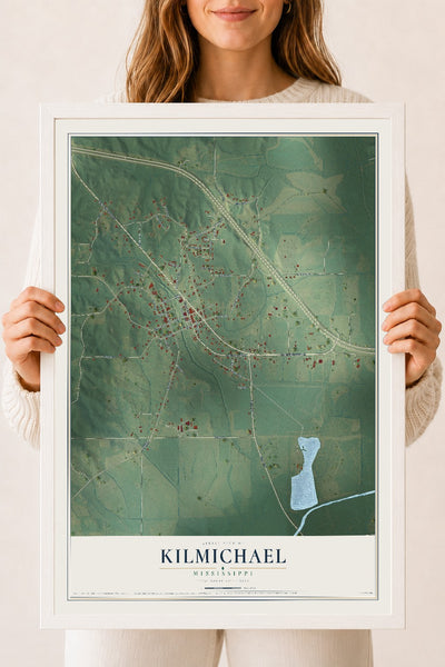 Map of Kilmichael, Mississippi, 18 x 24 inch print in a white wood frame