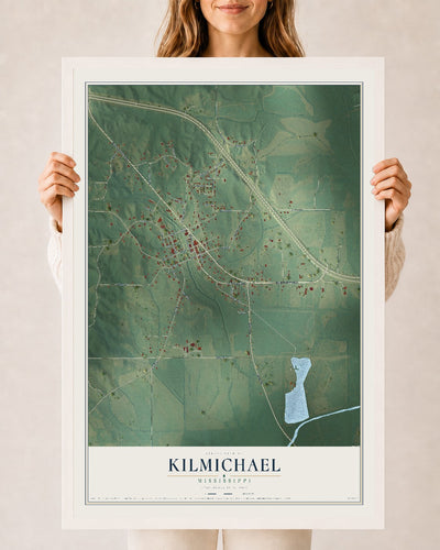 Map of Kilmichael, Mississippi, 24 x 36 inch print in a white wood frame