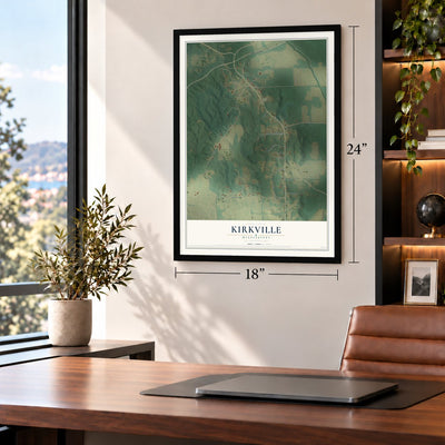 Kirkville, Mississippi map, 18 x 24 inch print in a black frame in a home office