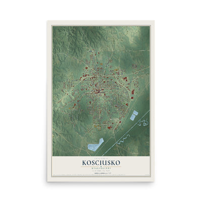 Map of Kosciusko, Mississippi, 12 x 18 inch unframed archival matte print