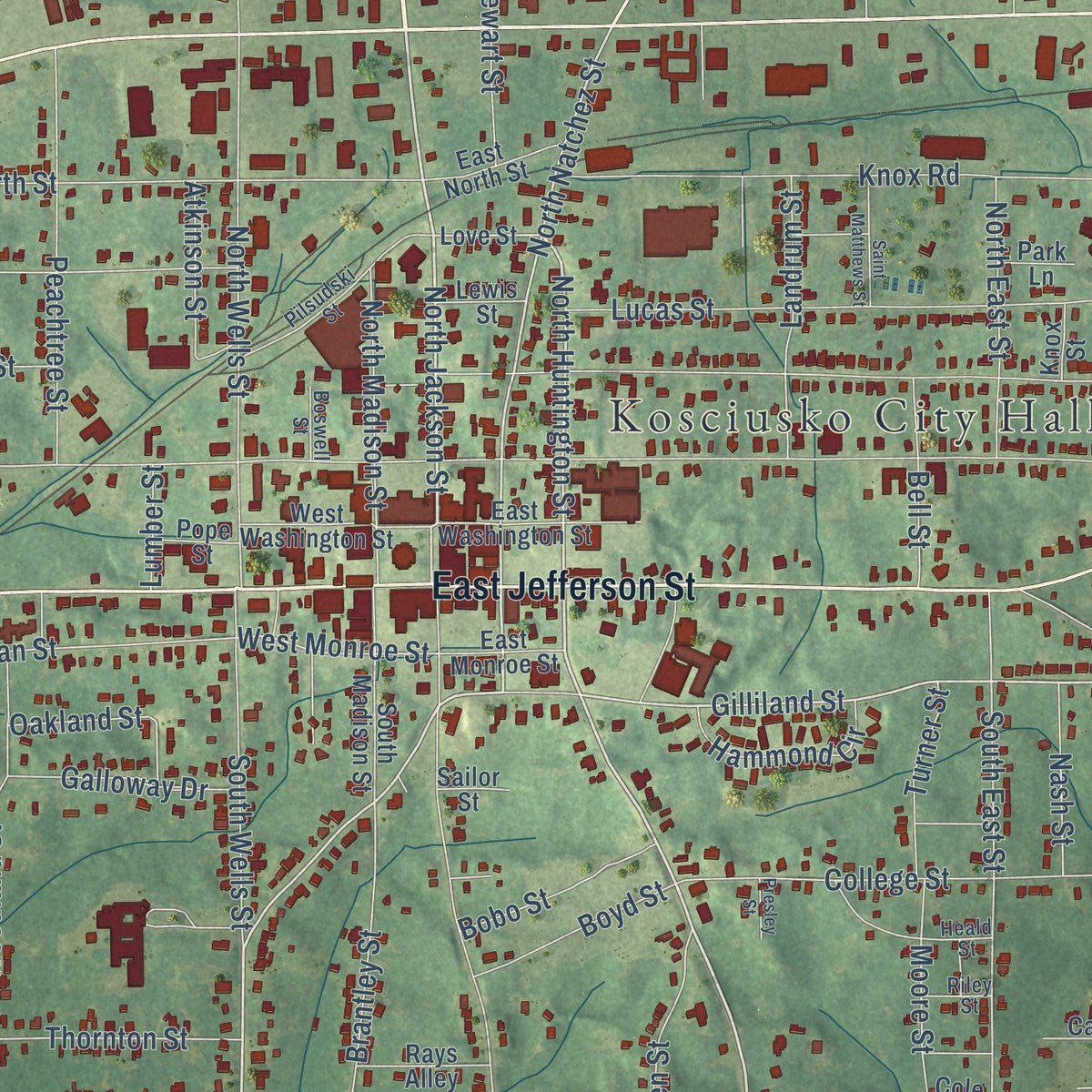 Close-up of the map of Kosciusko, Mississippi print showing street and building detail