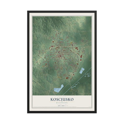 Map of Kosciusko, Mississippi, 12 x 18 inch print in a black wood frame