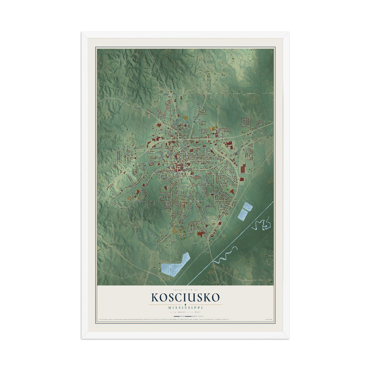 Map of Kosciusko, Mississippi, 12 x 18 inch print in a white wood frame