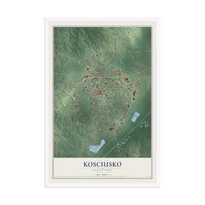 Map of Kosciusko, Mississippi, 12 x 18 inch print in a white wood frame