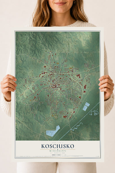 Map of Kosciusko, Mississippi, 18 x 24 inch unframed archival matte print
