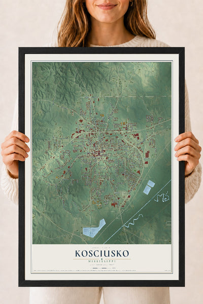 Map of Kosciusko, Mississippi, 18 x 24 inch print in a black wood frame